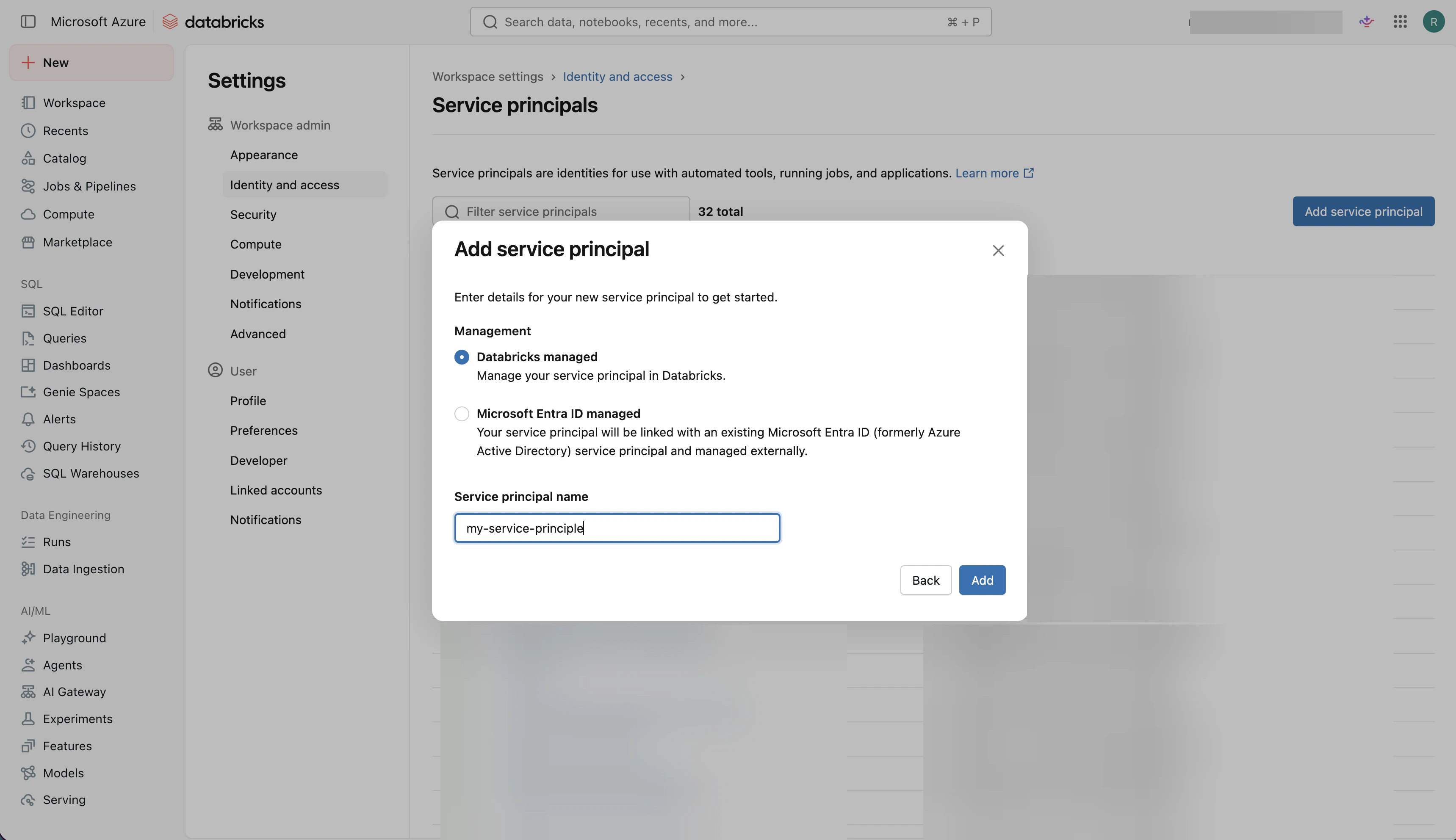 Add service principal dialog with a service principal name entered