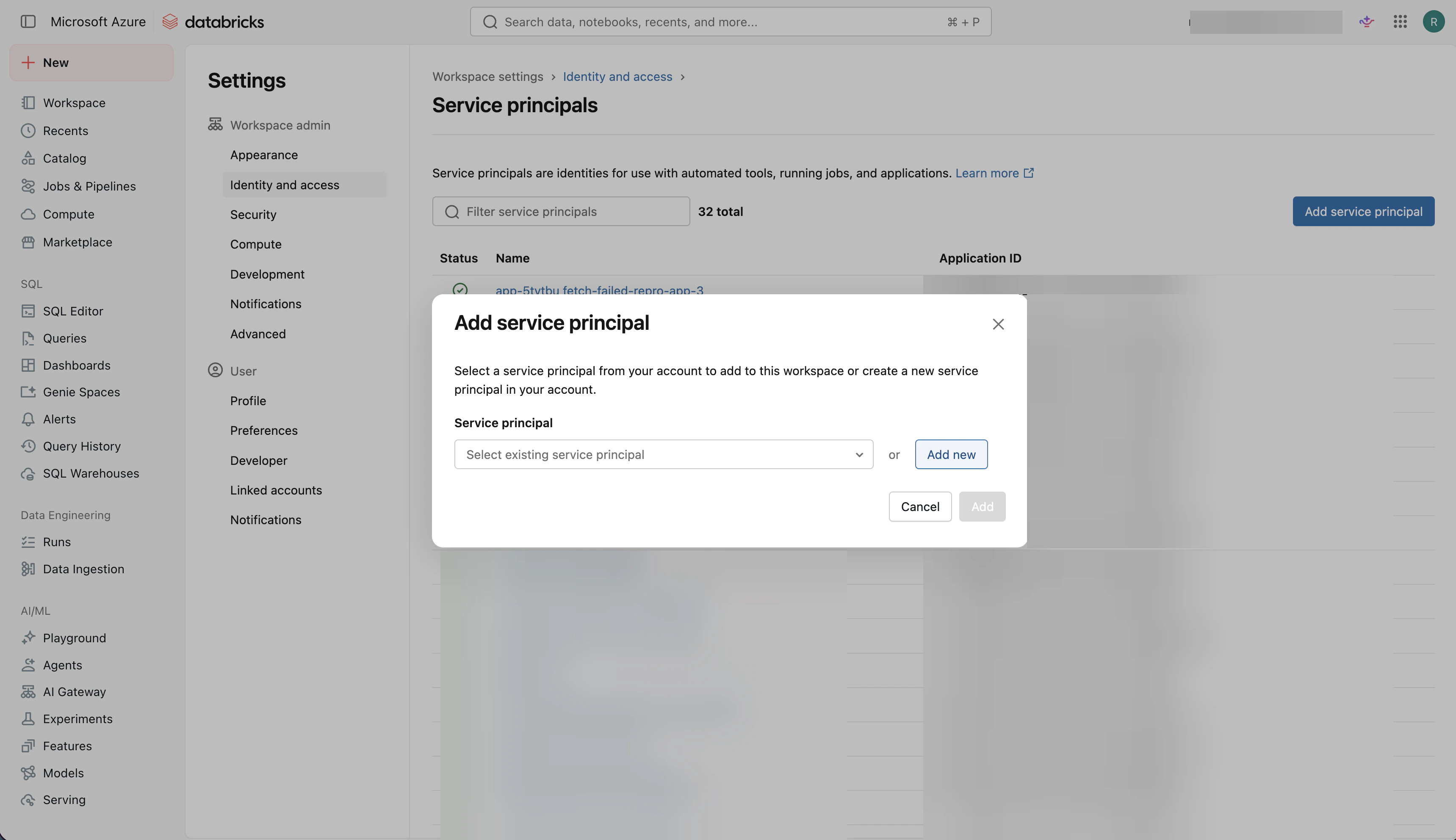 Add service principal dialog with the Add new button