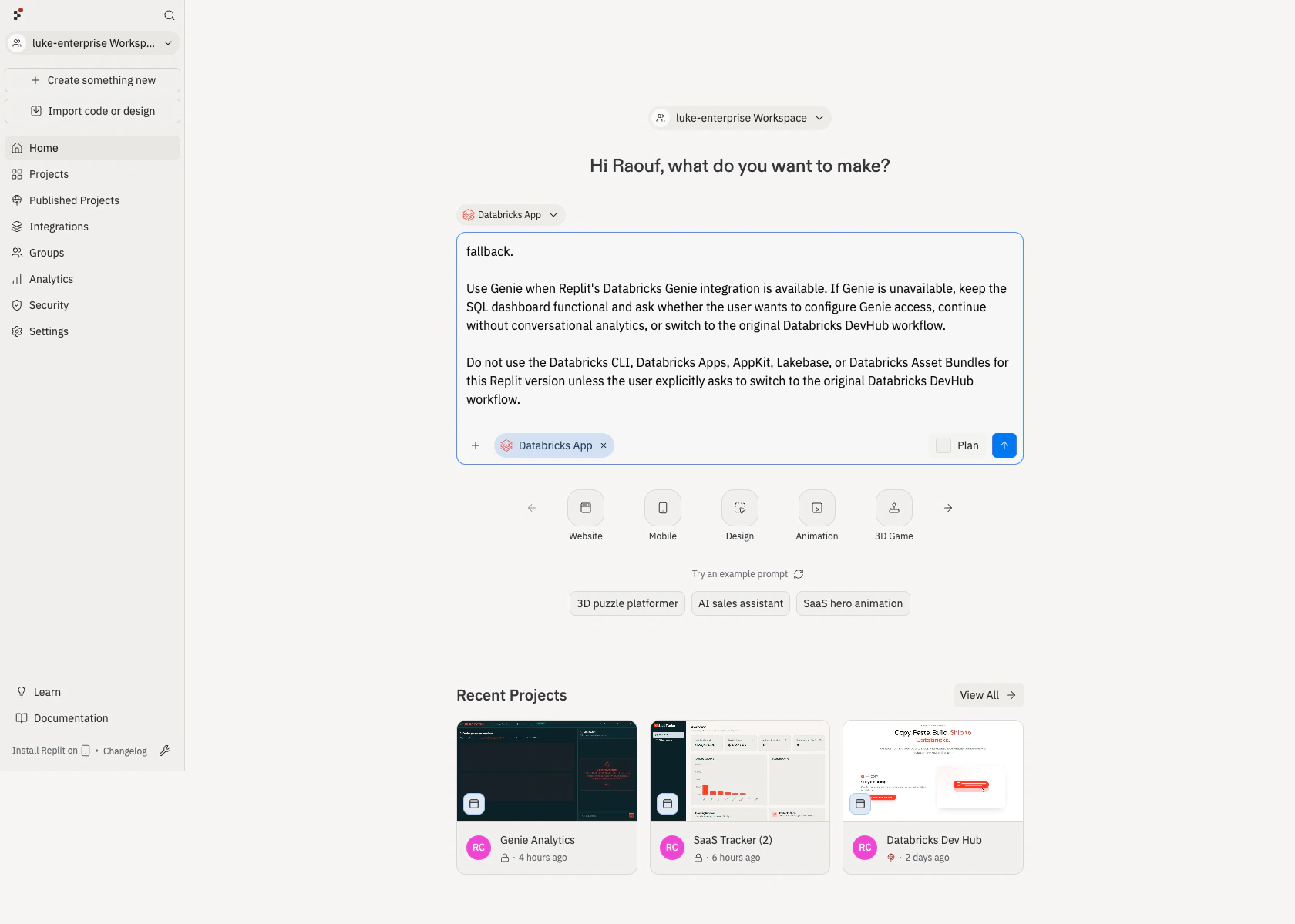 Prompt box with the Databricks App template selected and prefilled instructions
