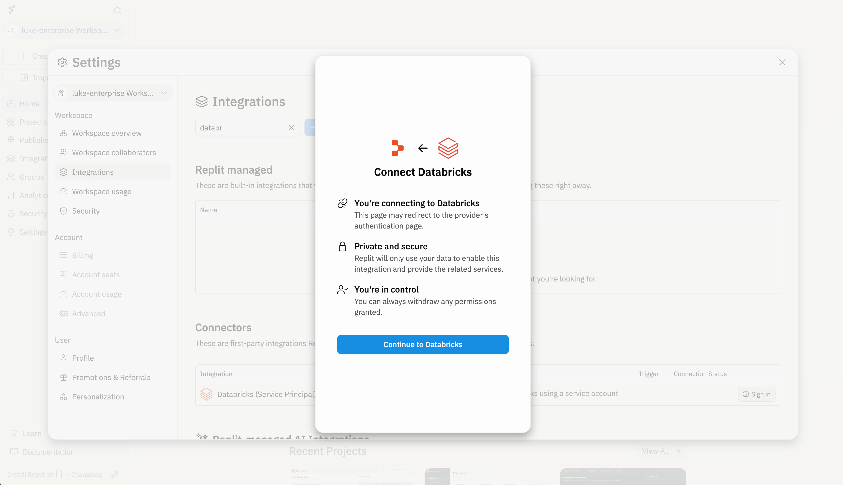 Connect Databricks dialog explaining the OAuth redirect, data usage, and permissions