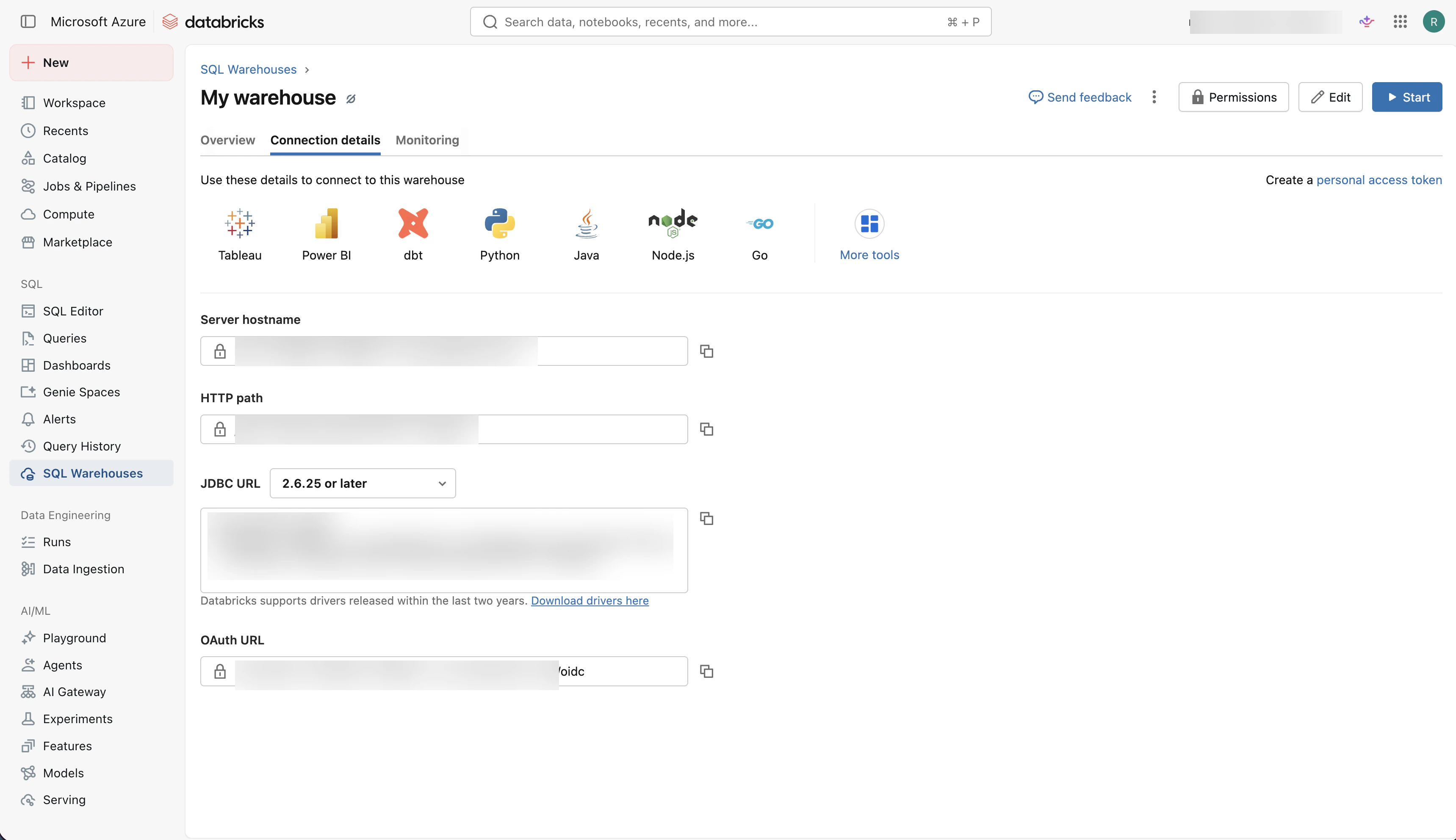 Databricks SQL Warehouse connection details page with server hostname and HTTP path