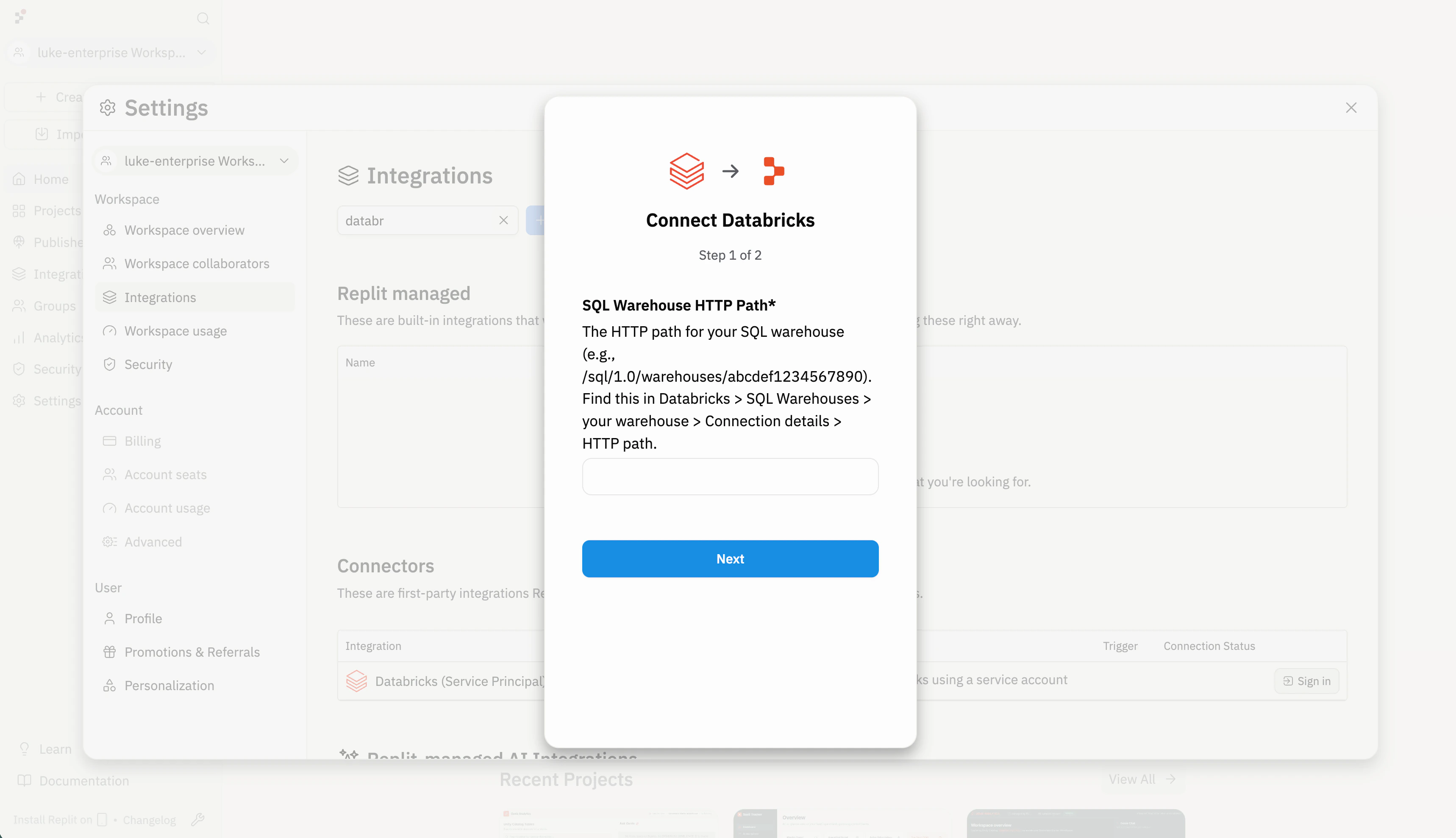 Connect Databricks dialog step 1 of 2 prompting for the SQL Warehouse HTTP path