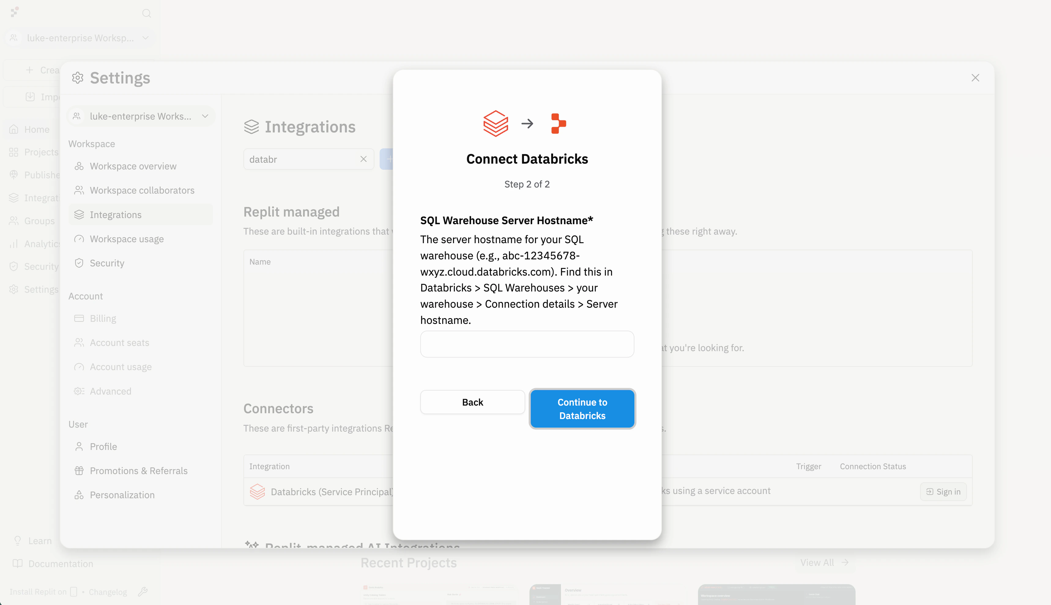 Connect Databricks dialog step 2 of 2 prompting for the SQL Warehouse server hostname