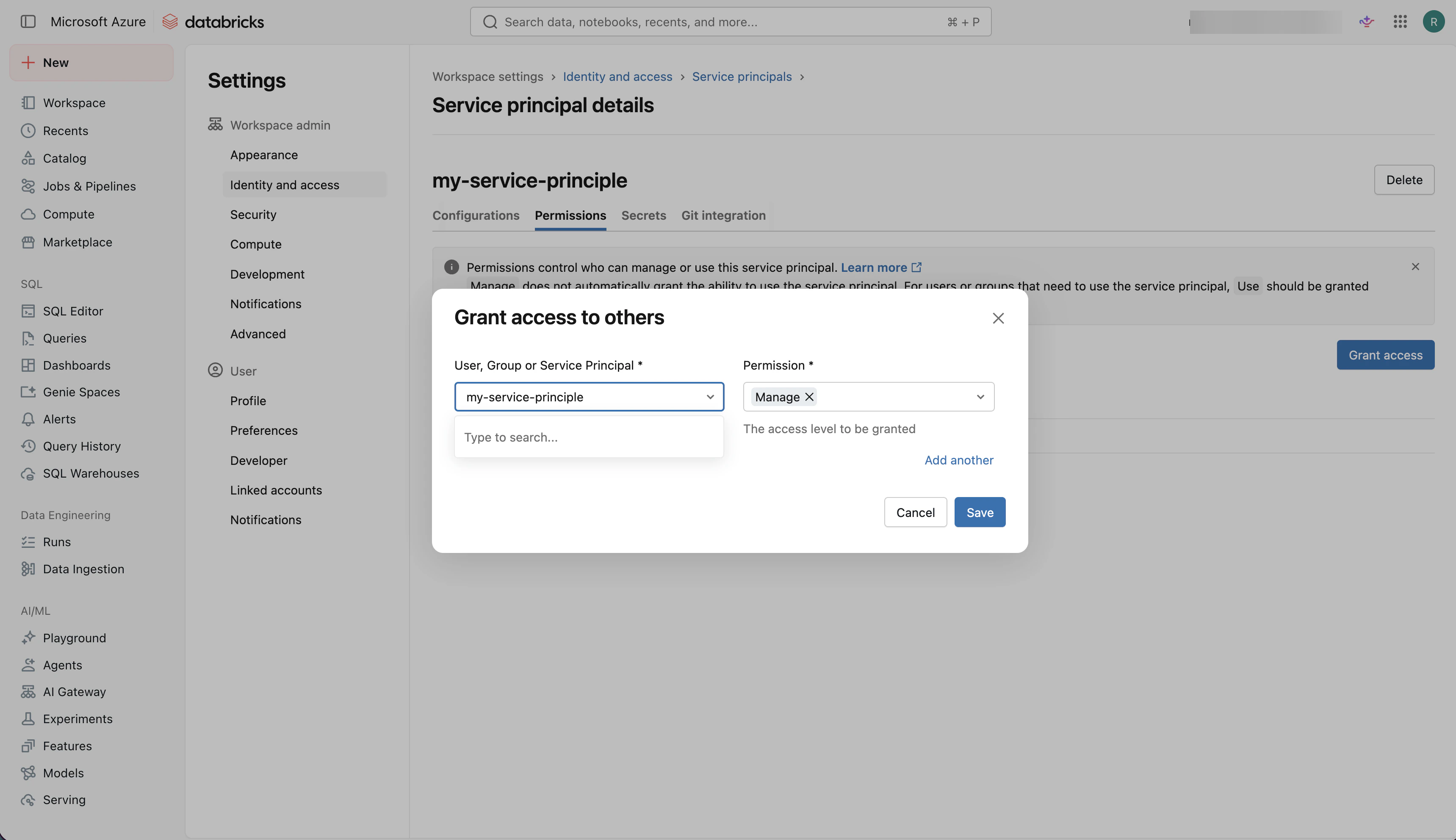 Grant access dialog for a Databricks service principal with Manage permission selected
