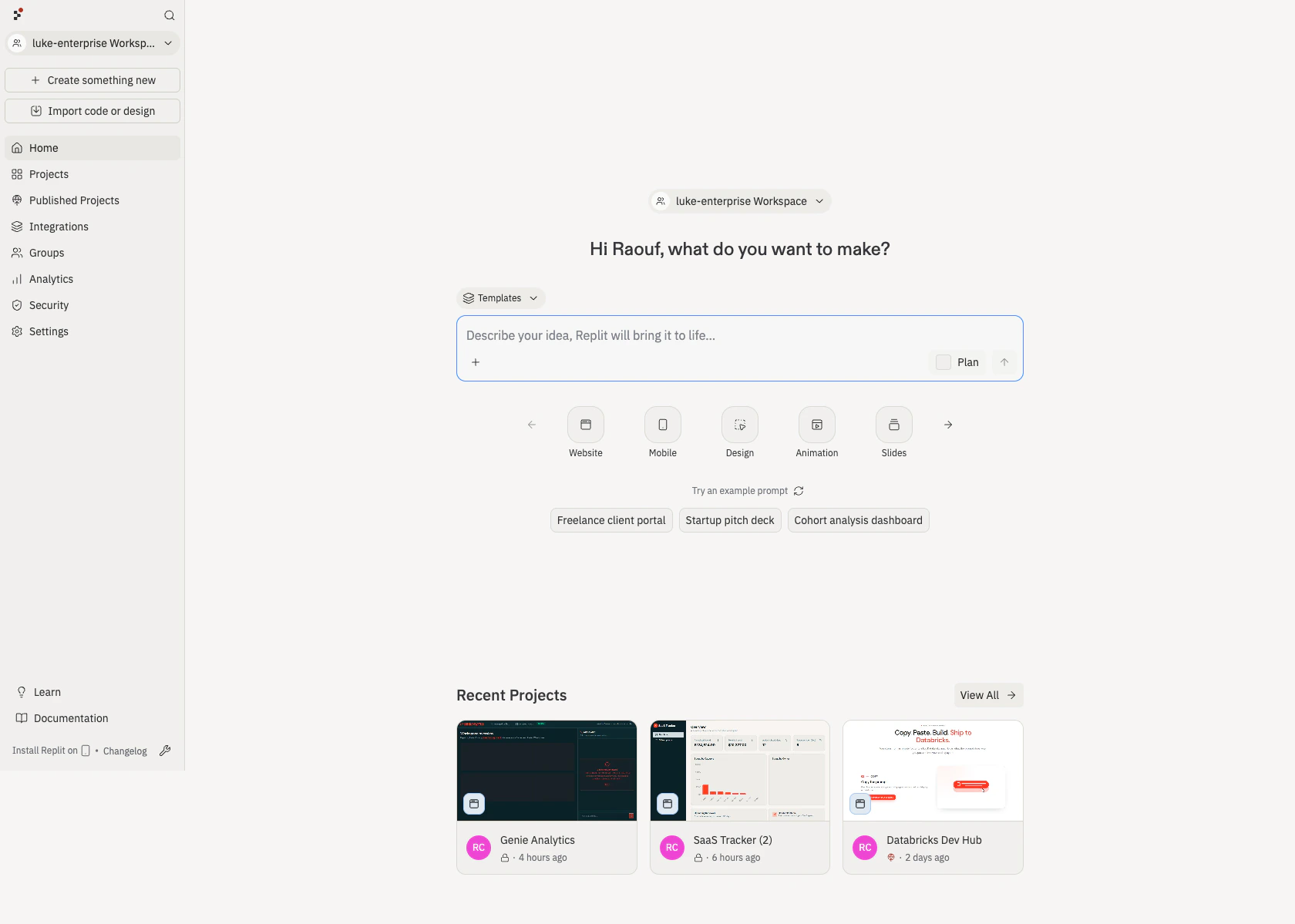 Replit home page with the prompt box and Templates dropdown
