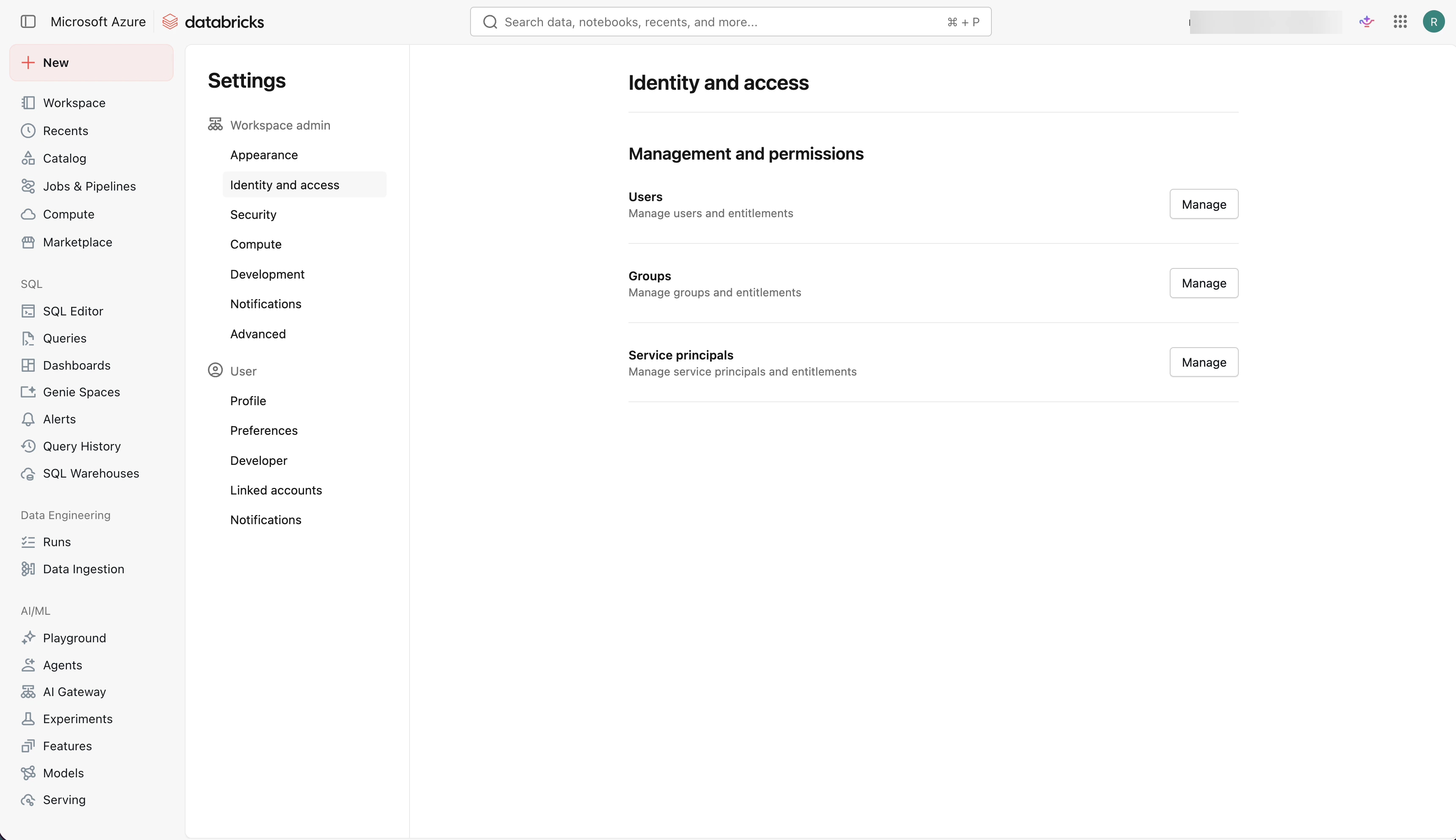 Identity and access settings page showing the Service principals Manage button