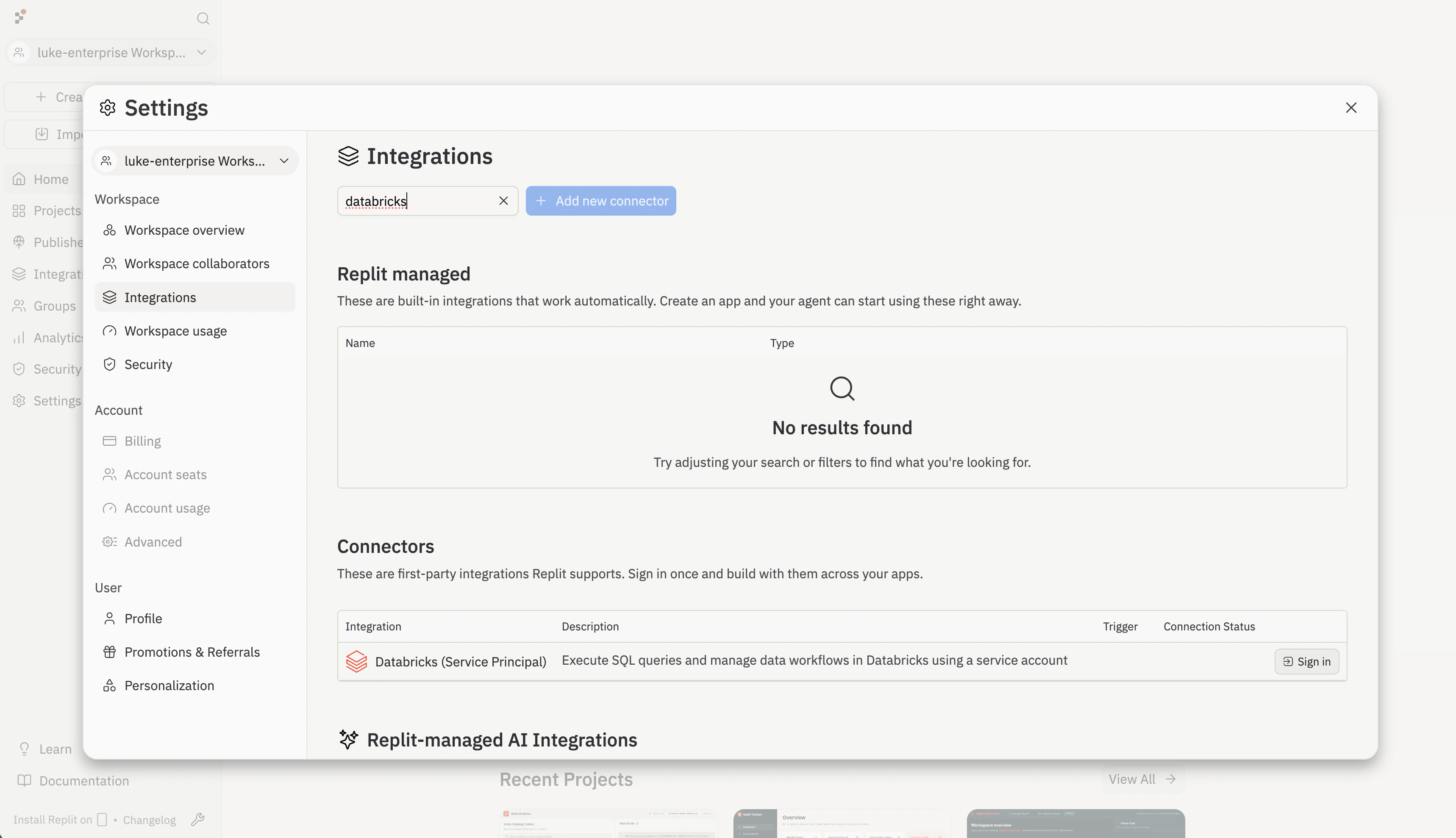 Replit Integrations page filtered to Databricks, showing the Databricks (Service Principal) connector with a Sign in button