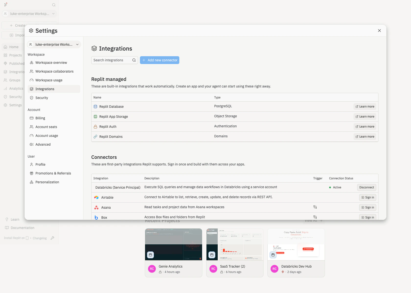 Replit Integrations page showing the Databricks (Service Principal) connector with an Active connection status