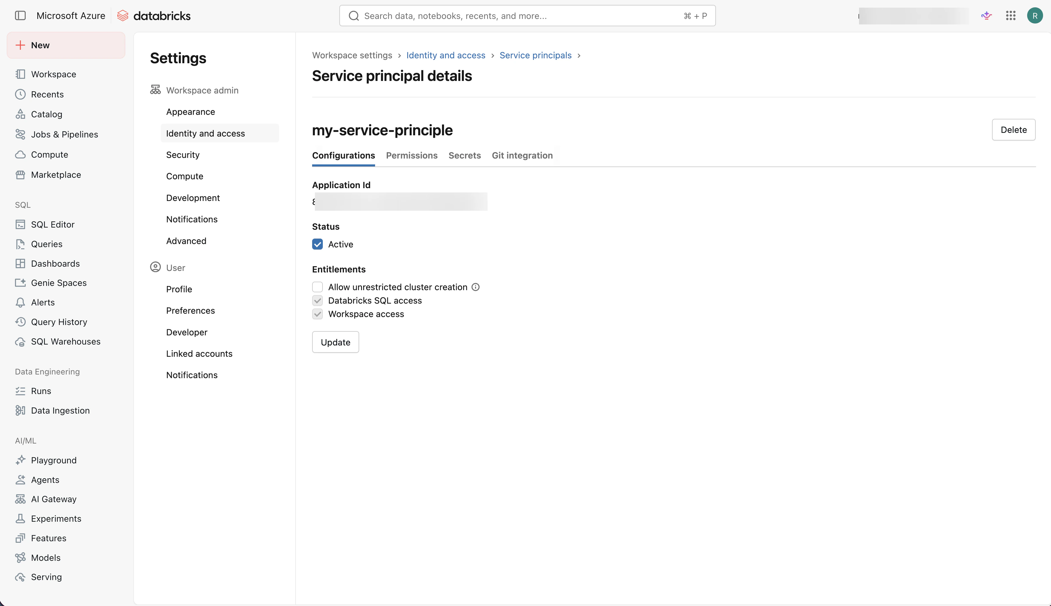 Databricks service principal details page
