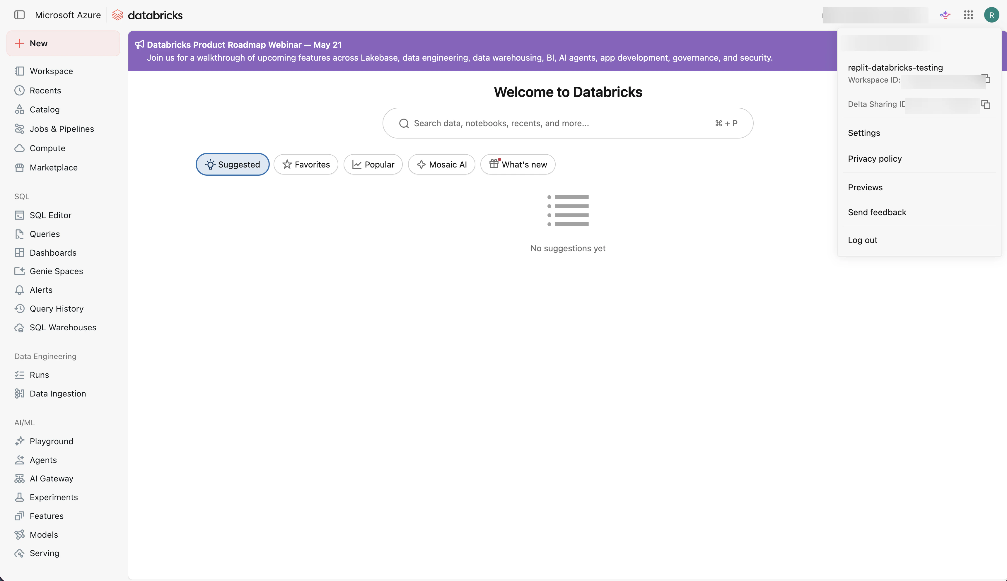 Databricks workspace menu with Settings selected