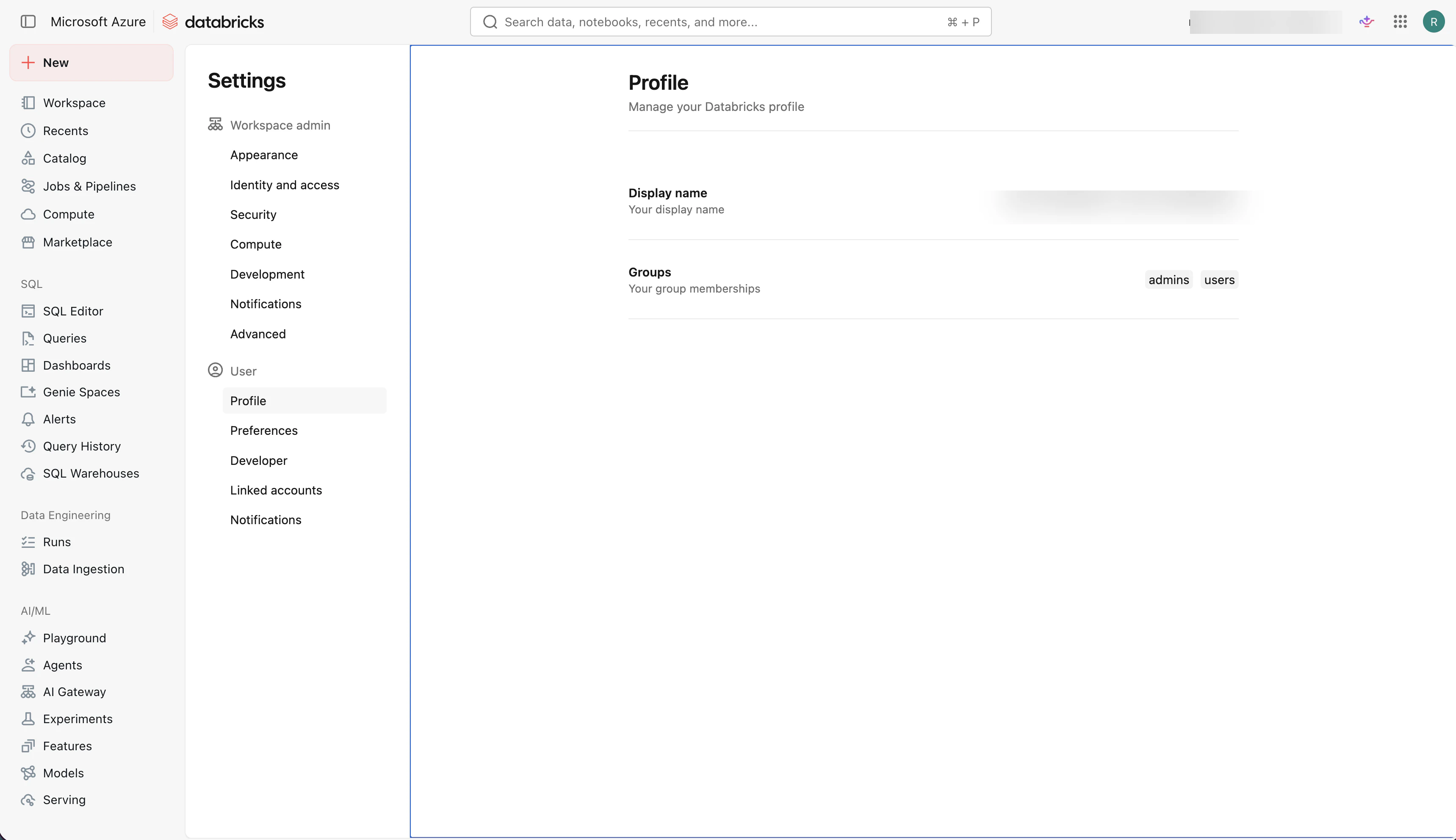 Databricks Settings page with Identity and access in the sidebar