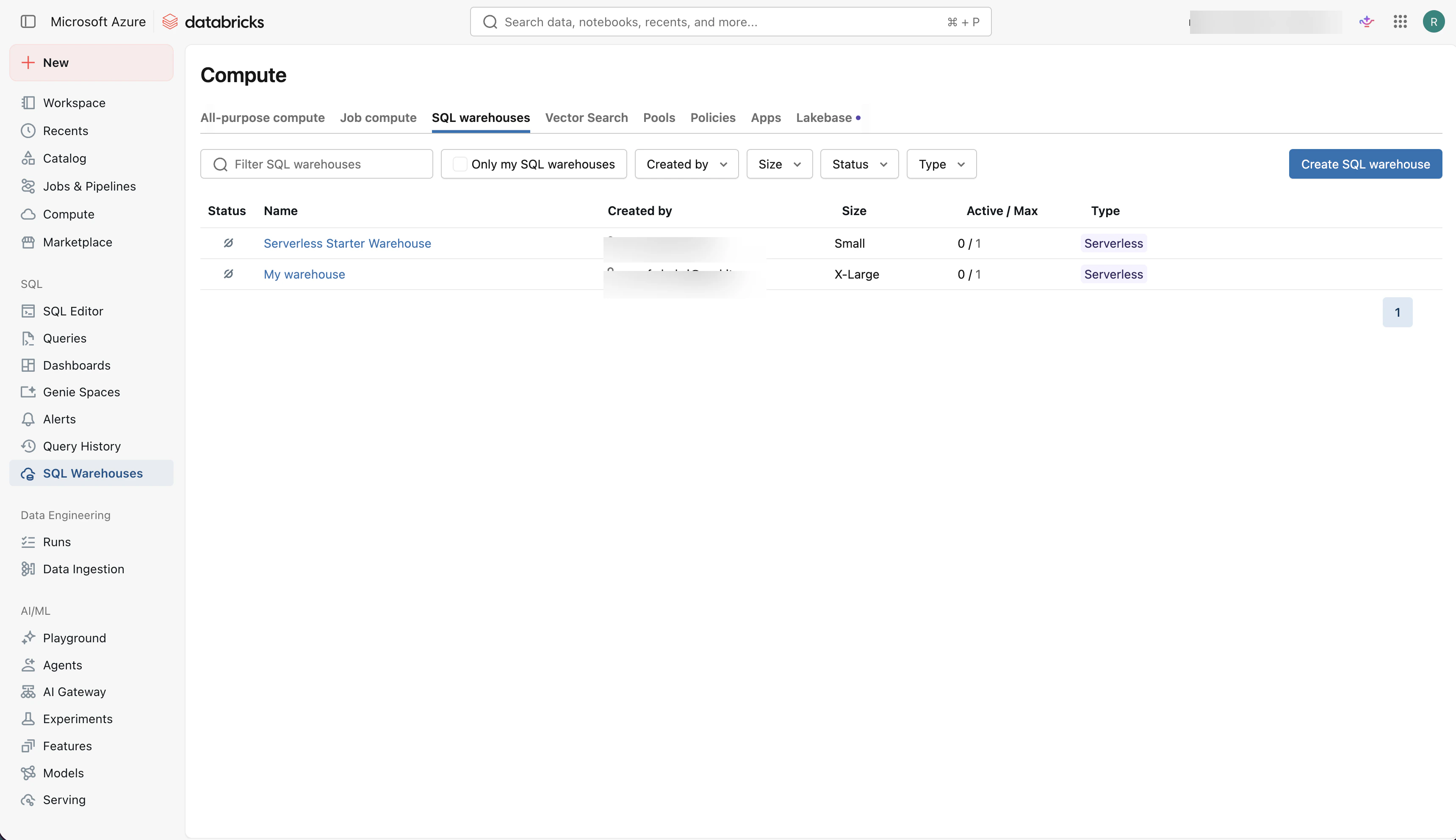 Databricks SQL Warehouses page showing available warehouses
