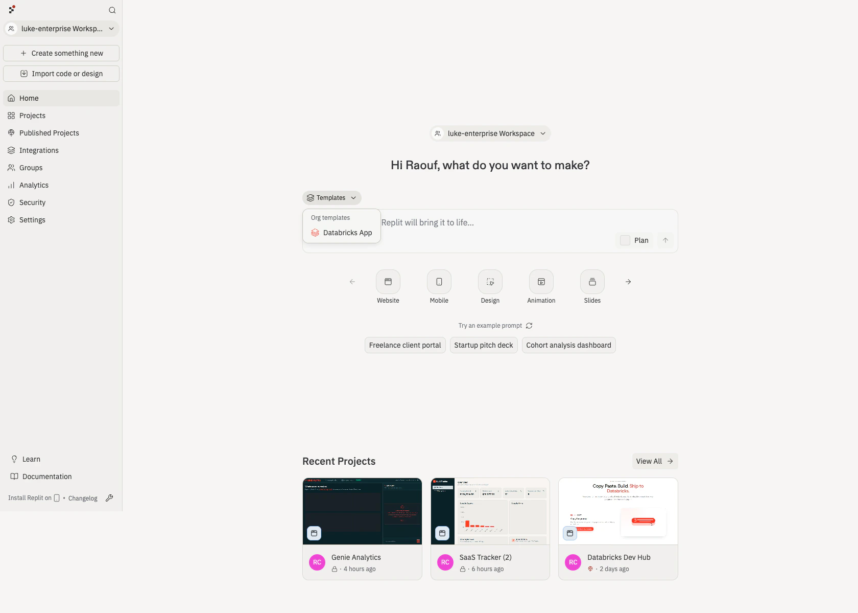 Templates dropdown open showing the Databricks App template under Org templates