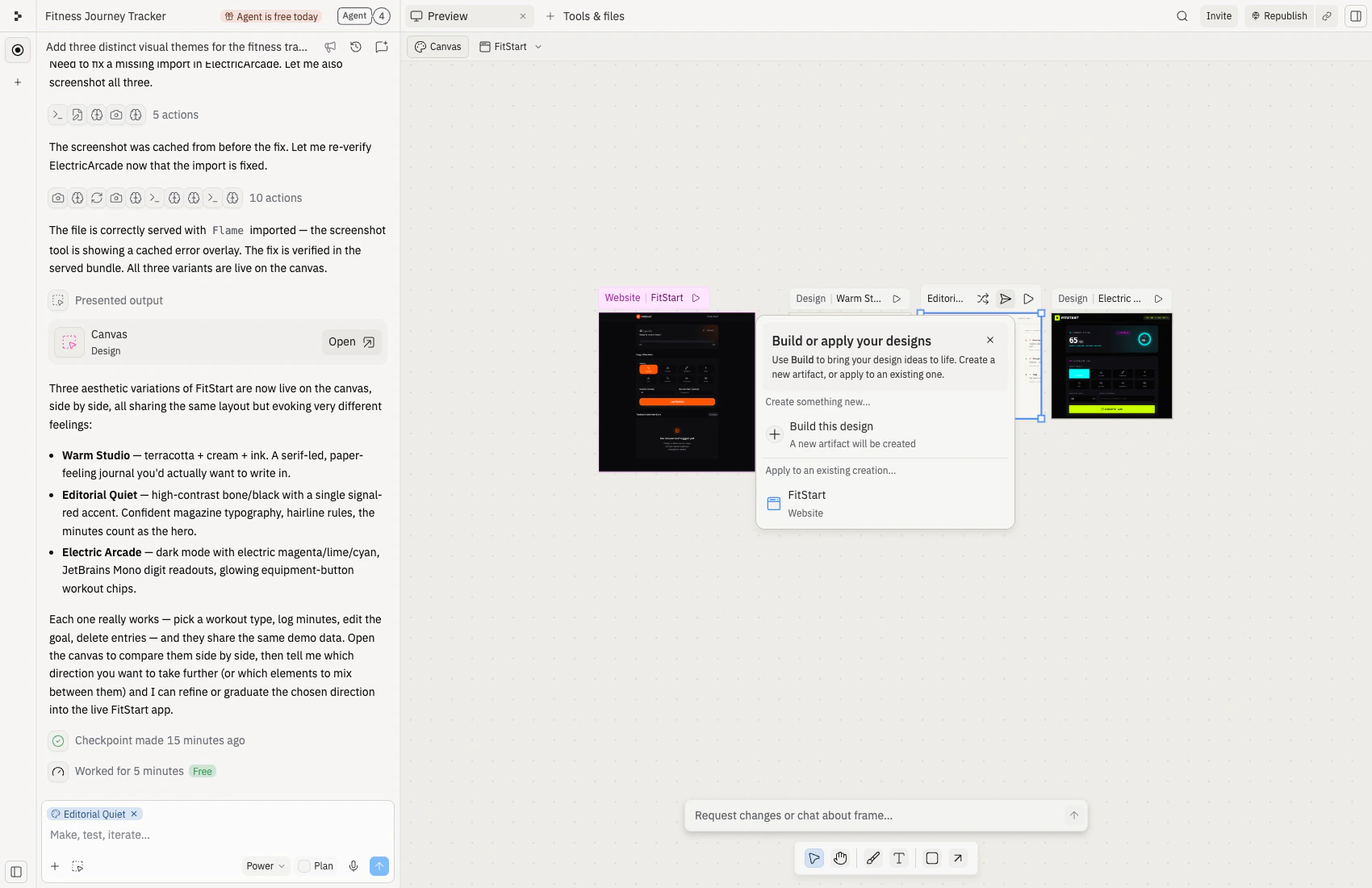 The Build dialog showing two options: Build with this design (creates a new app) or apply to the existing Runwell app
