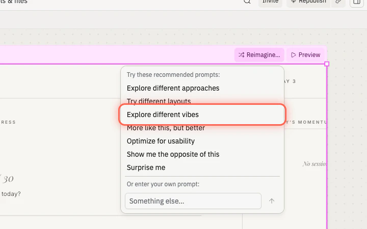 The Reimagine menu open with options including Explore different vibes, Try different layouts, More like this but better, and others