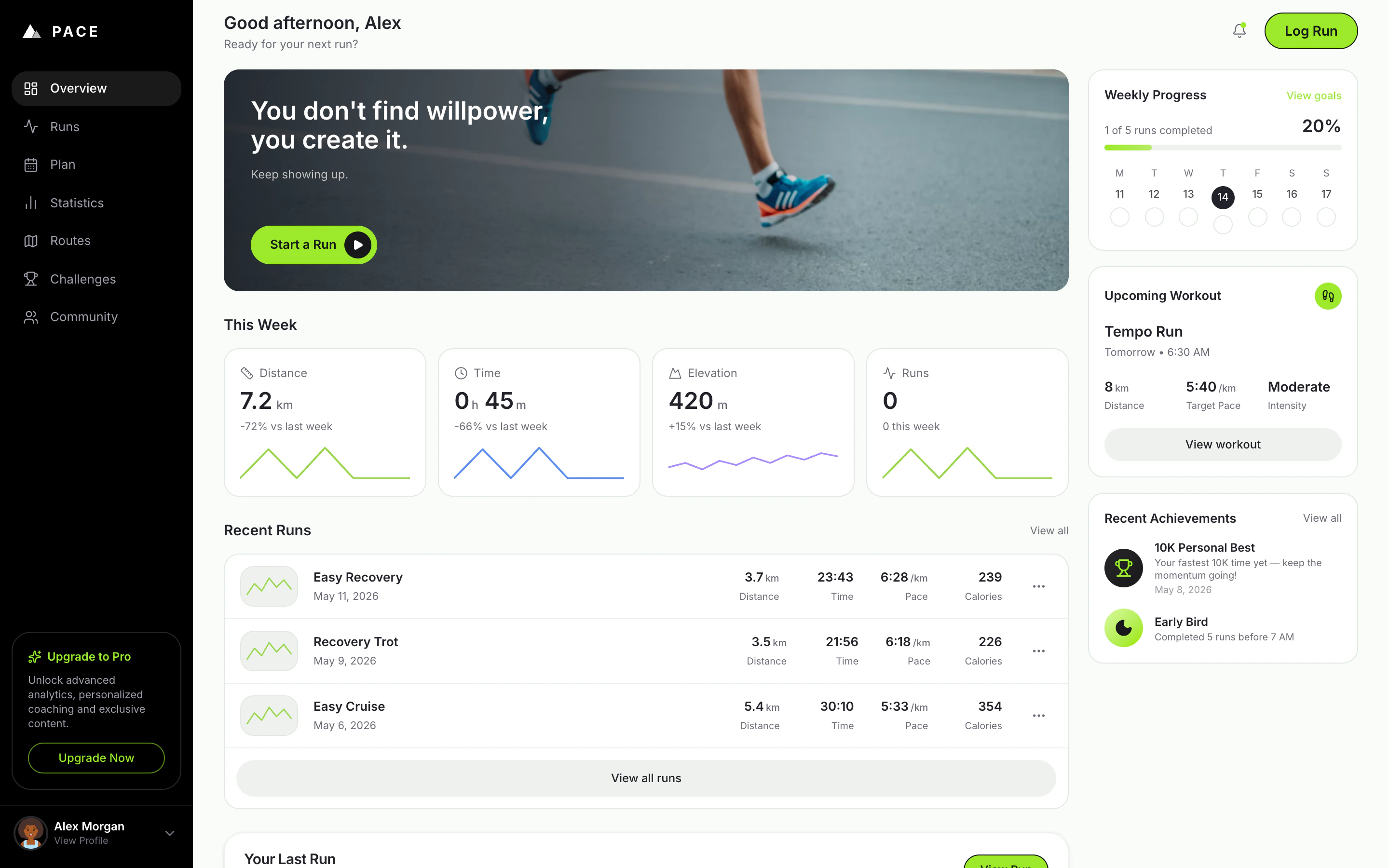 The Pace prototype published at a public URL — a premium running tracker dashboard with weekly distance, recent runs, upcoming workouts, and achievements