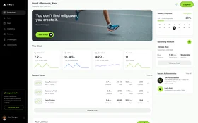 Pace, a premium running tracker dashboard with performance metrics, recovery status, route maps, and progress charts
