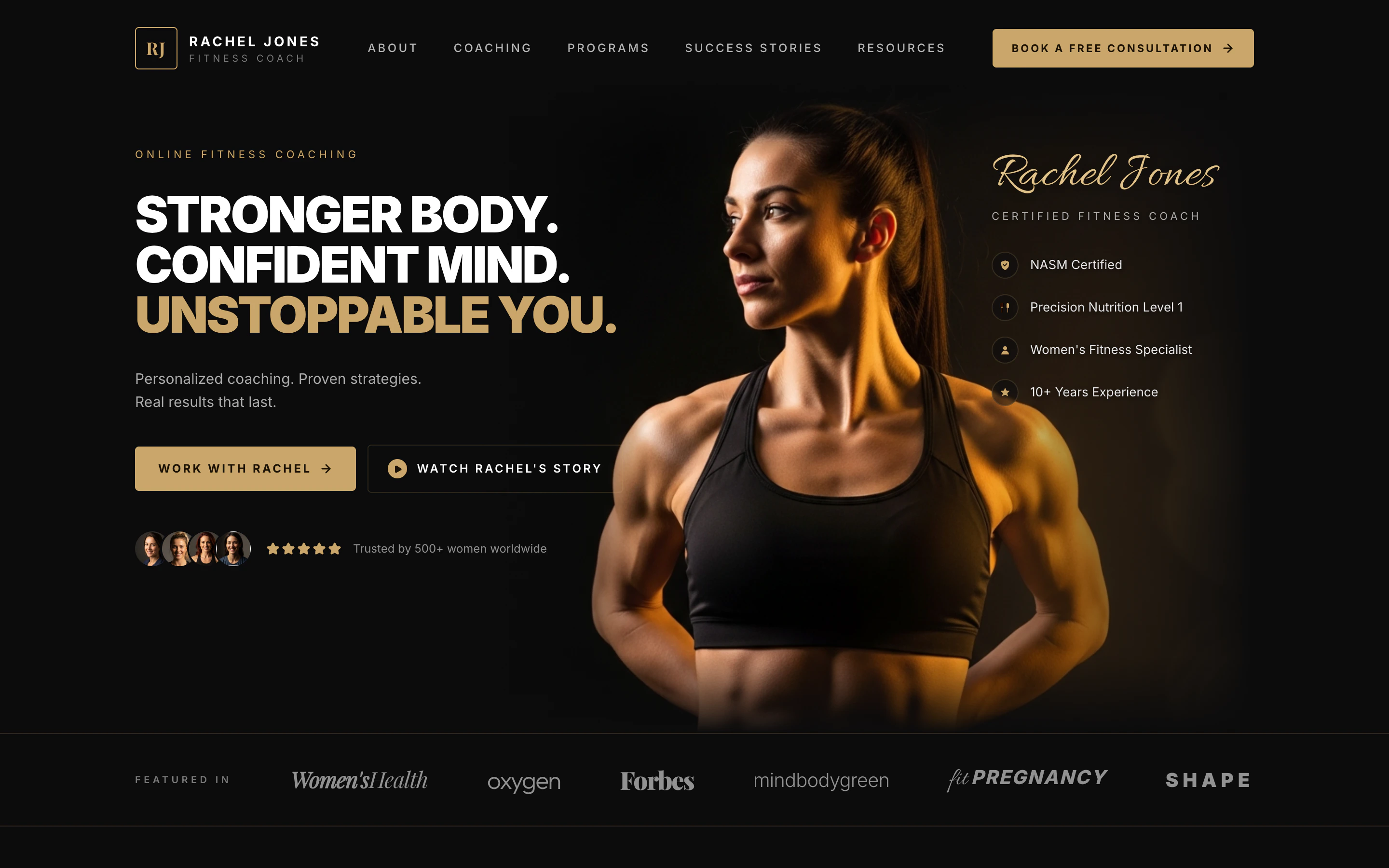 Rachel Jones Fitness Coach landing page hero — a dramatic dark photo of Rachel with the headline Stronger body. Confident mind. Unstoppable you., a Work with Rachel call to action, four certification credentials, and Women's Health, Forbes, and other press logos