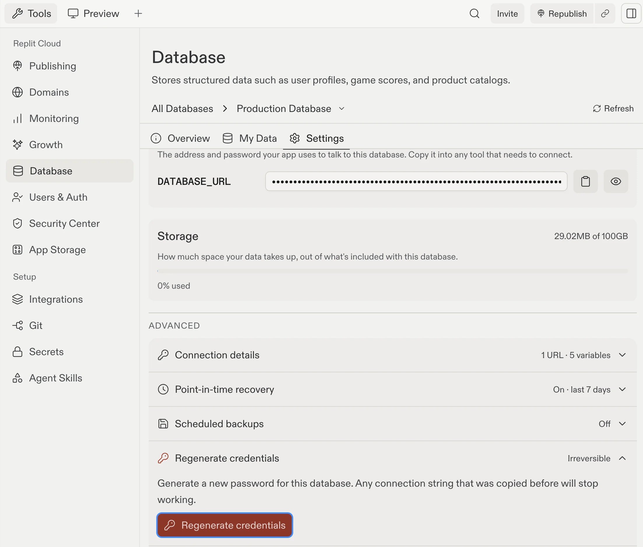 The Regenerate credentials row expanded in the Advanced section, showing the Regenerate credentials button.