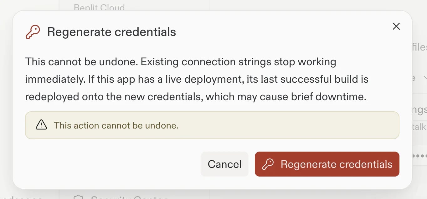 Regenerate credentials confirmation dialog