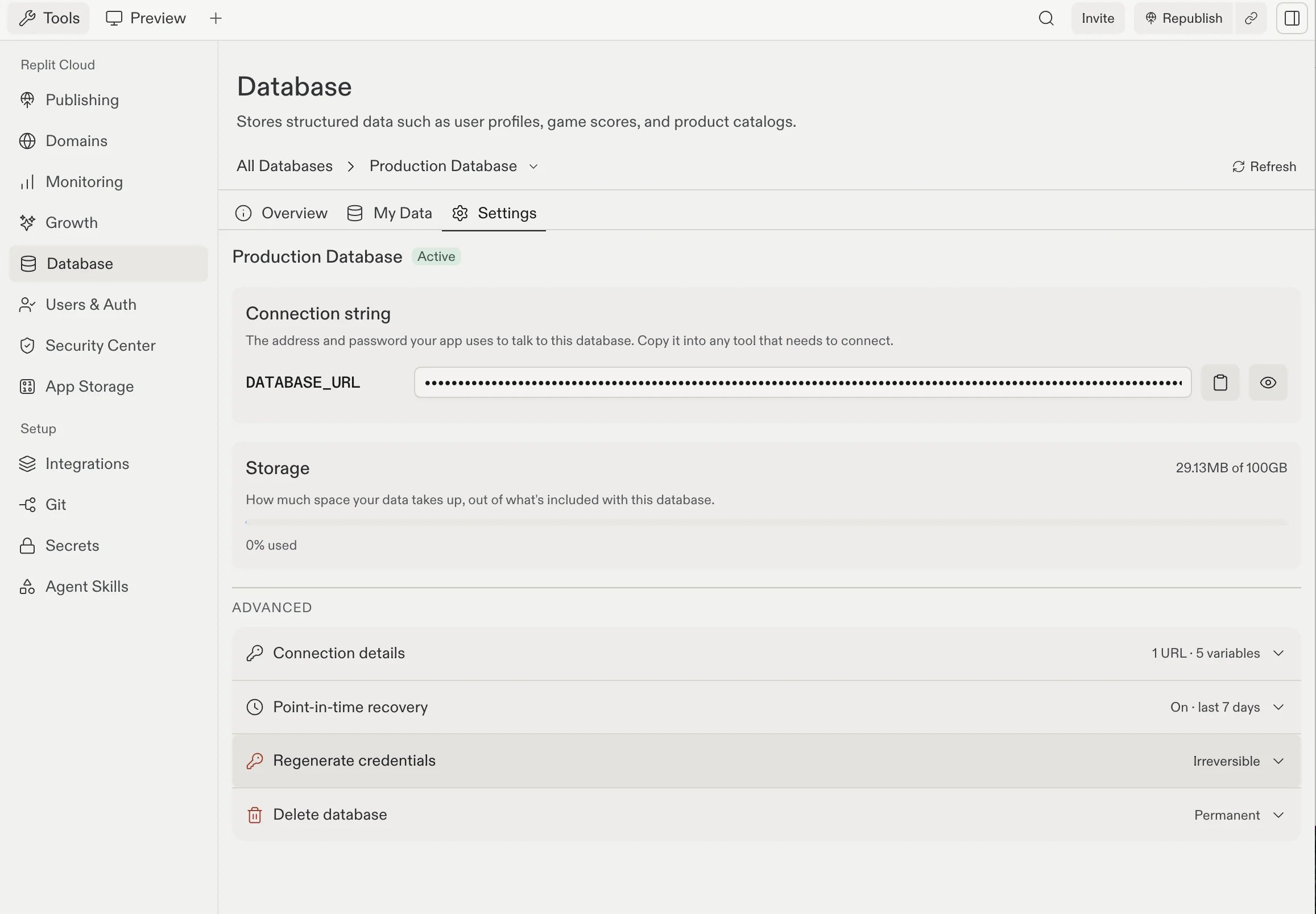 The production database Settings tab showing the connection string, storage usage, and the Advanced section with the Regenerate credentials row.