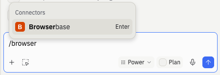Agent chat composer with /browser typed in the input, showing the Connectors popover above the input box with Browserbase as the matching connector and an Enter hint