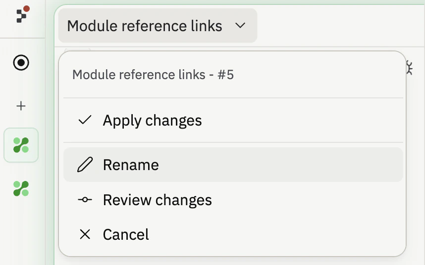 Task settings dropdown open on a task card showing Apply changes, Rename, Review changes, and Cancel actions in a fixed-width popover