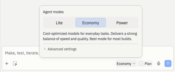 Popover des modes Agent montrant Lite, Economy et Power sous forme de contrôle segmenté avec Paramètres avancés repliés en dessous