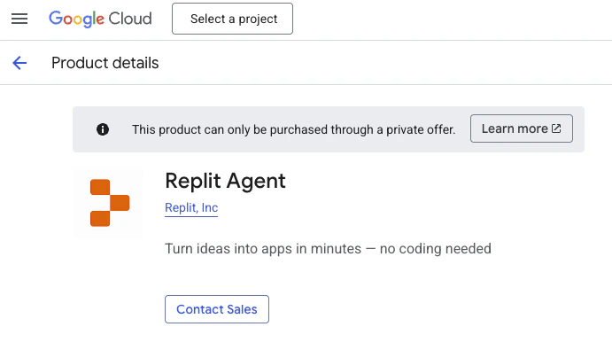 Annonce Replit Agent sur Google Cloud Marketplace affichant la page de détails du produit avec un bouton Contact Sales