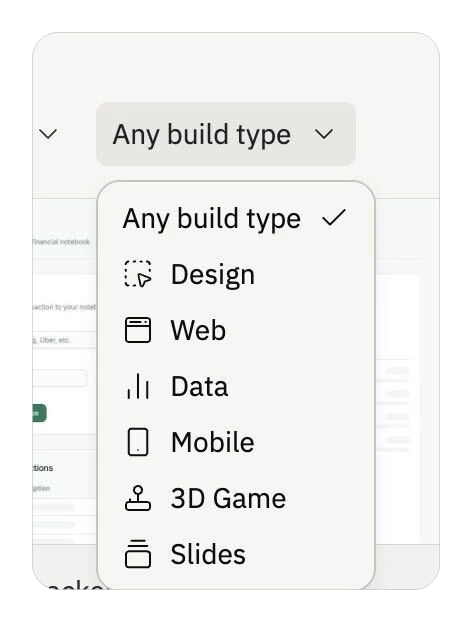 Menu déroulant Build type sur la page Projets filtrant par artefact, avec les options Design, Web, Data, Mobile, 3D Game et Slides