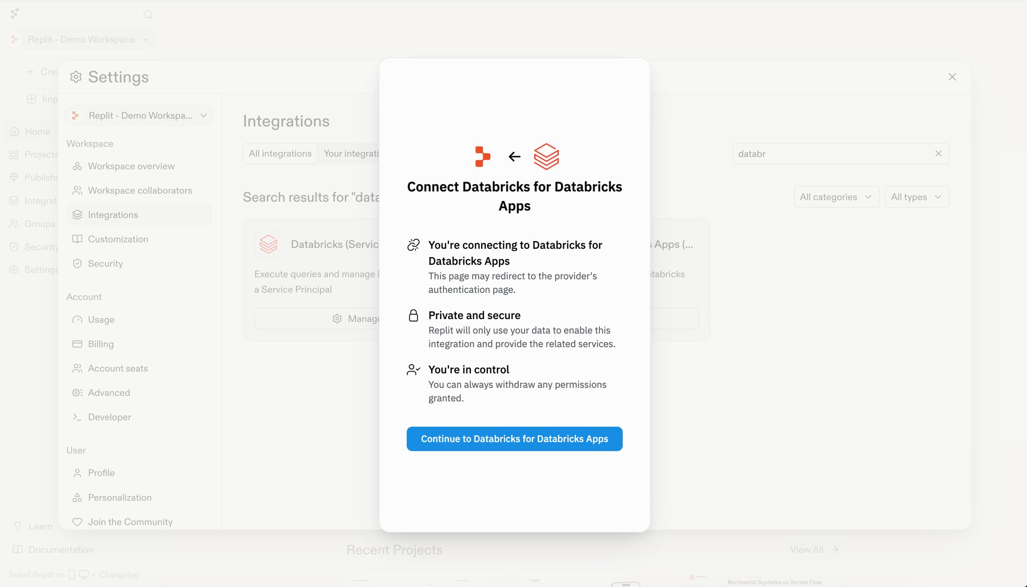 리디렉션, 개인정보 보호, 권한 제어를 설명하는 Databricks for Databricks Apps 연결 모달