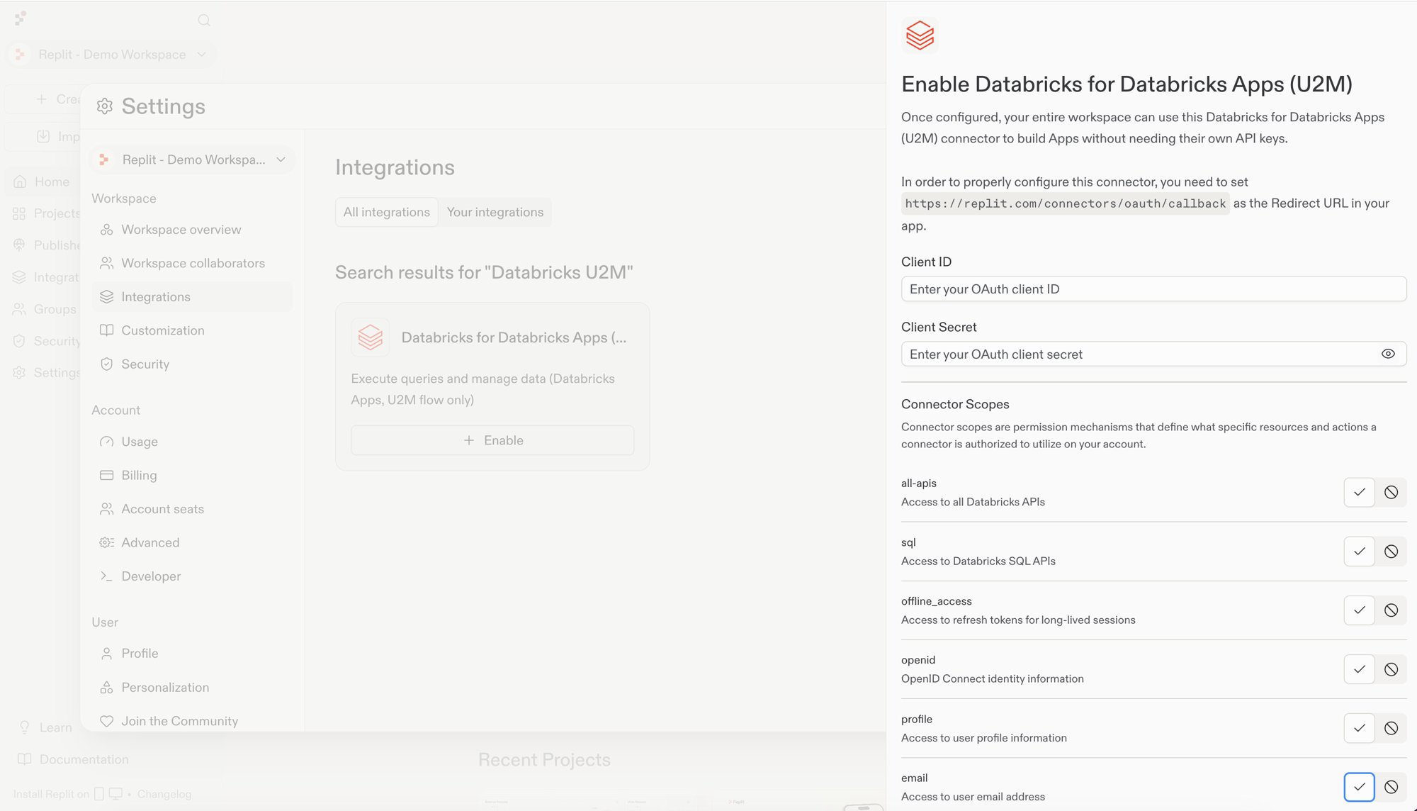 Databricks U2M으로 필터링된 Replit 통합 설정과 리디렉션 URL, OAuth 자격 증명 필드, 커넥터 범위가 표시된 활성화 패널