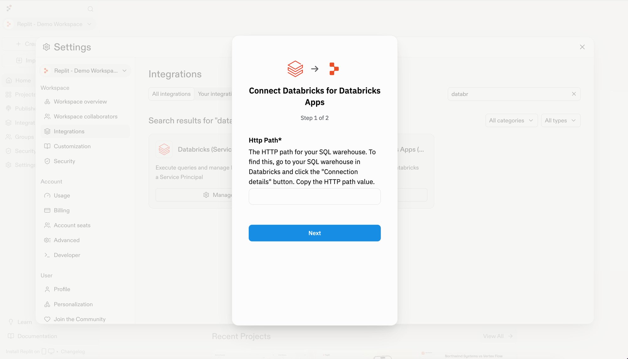 2단계 중 1단계에서 SQL 웨어하우스 HTTP 경로를 요청하는 Databricks for Databricks Apps 연결 대화 상자