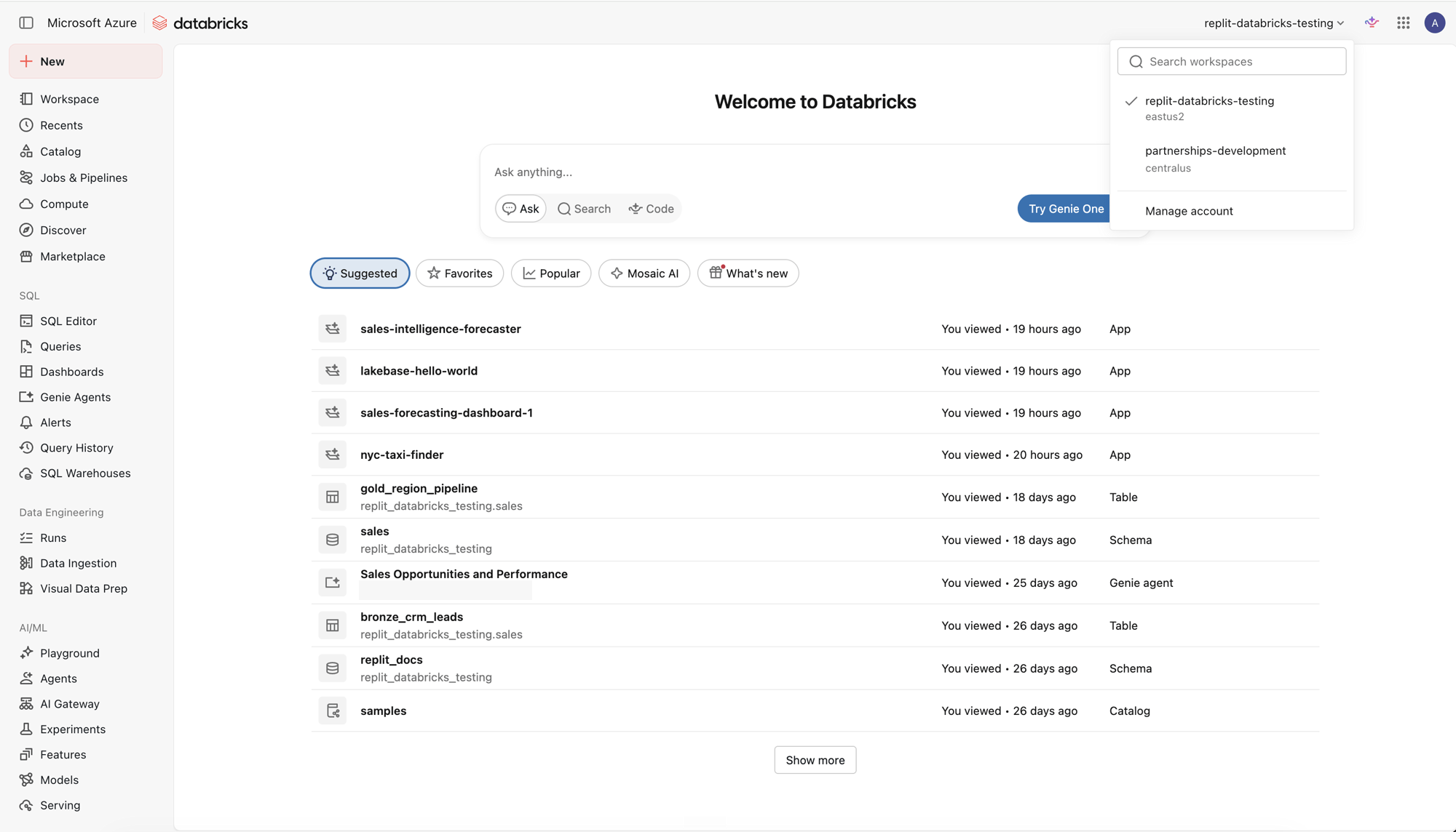 계정 관리가 표시된 Databricks 워크스페이스 선택기가 열려 있음
