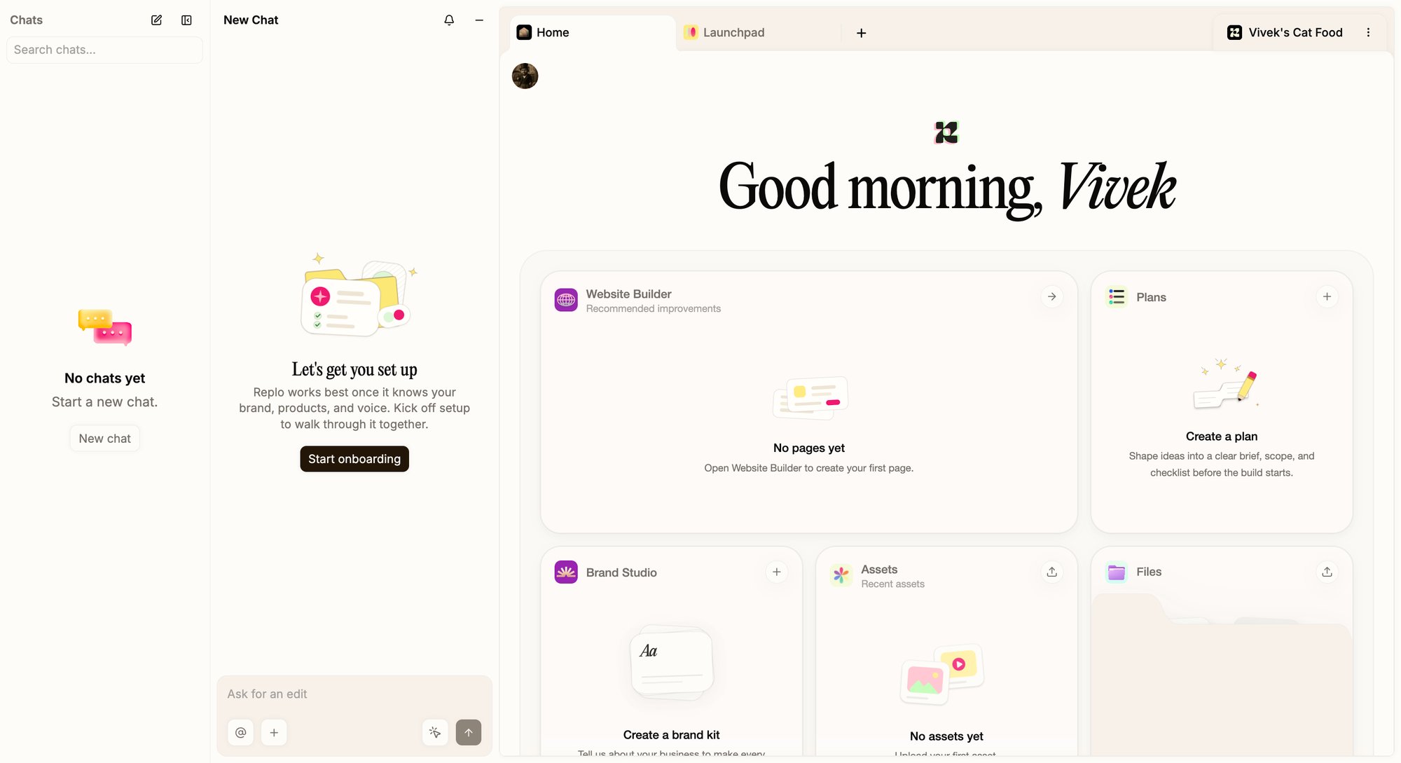 Replo's workspace: the chat on the left and Home on the right with a grid of app widgets