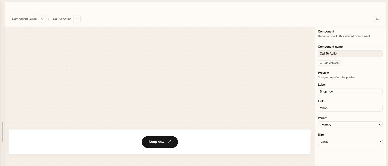 Call To Action button preview with label, link, style, and size options
