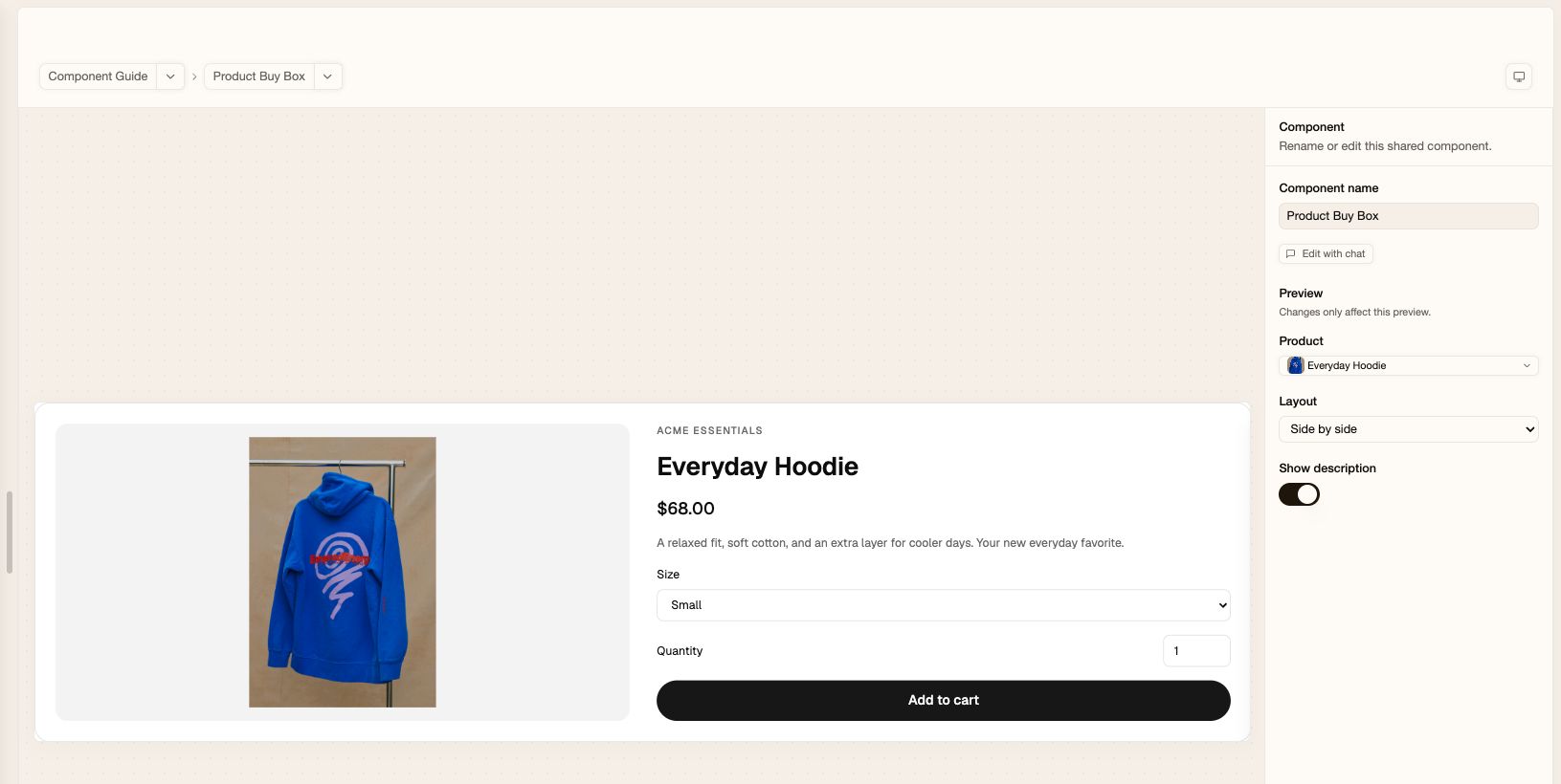 Product Buy Box preview with product selection and layout options