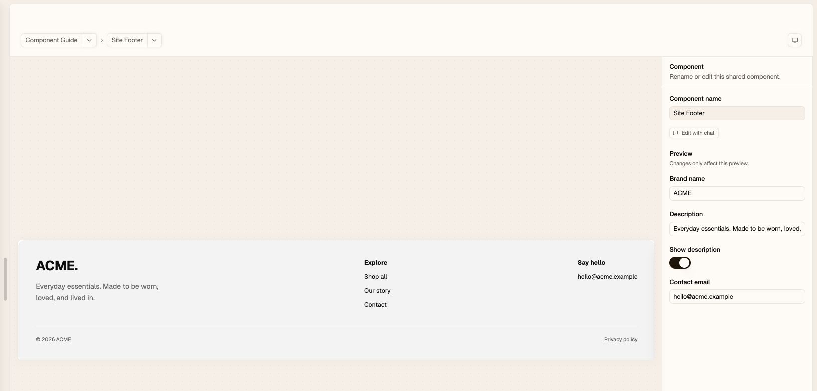 Site Footer preview with a toggle to show or hide its description