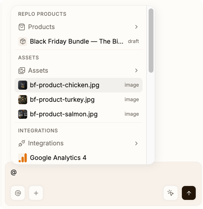 The @-mention menu in chat, listing products, assets, and integrations