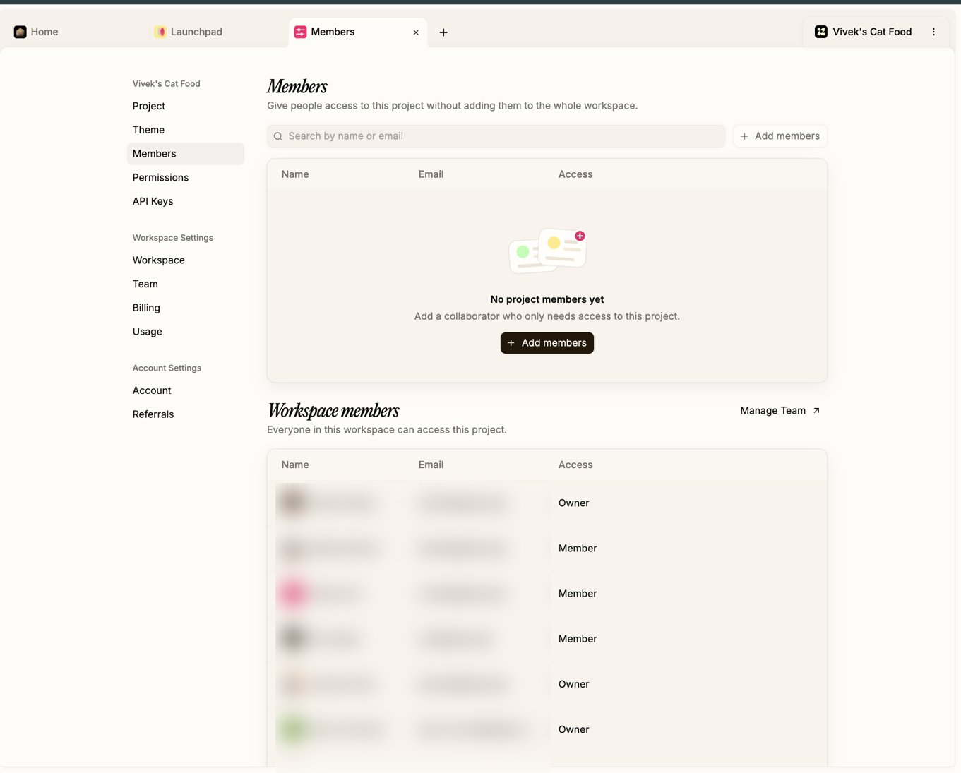 The Members section in Settings, listing workspace members with their roles