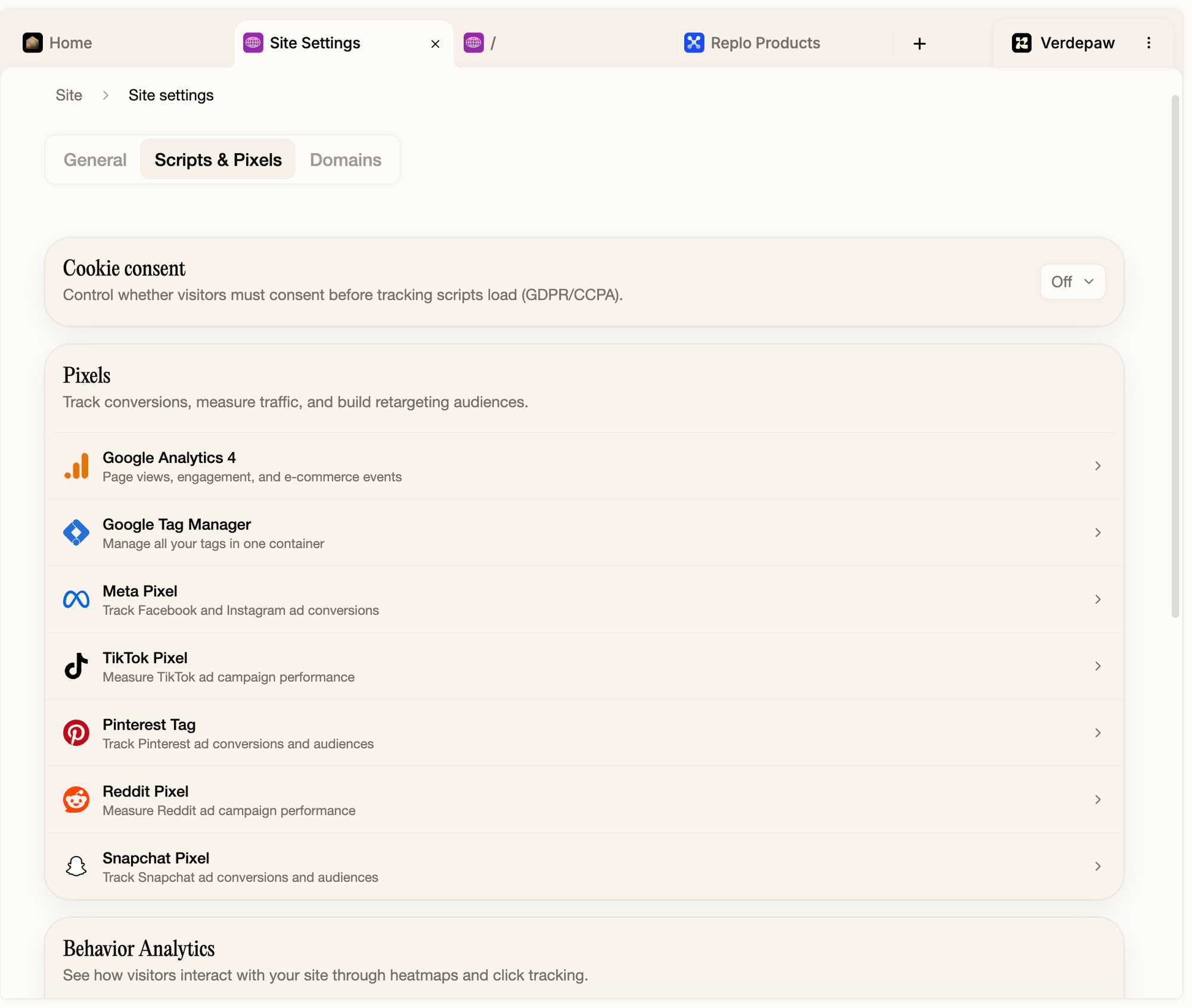 The Scripts & Pixels tab in Site settings, with a cookie consent control and built-in entries for common pixels