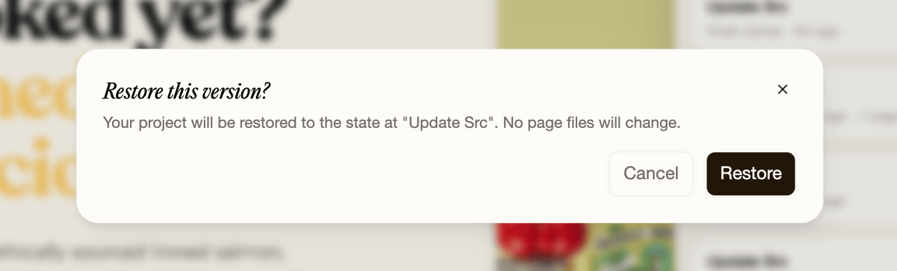 Restore confirmation The Restore this version confirmation listing the pages that will be updated, with Cancel and Restore buttons