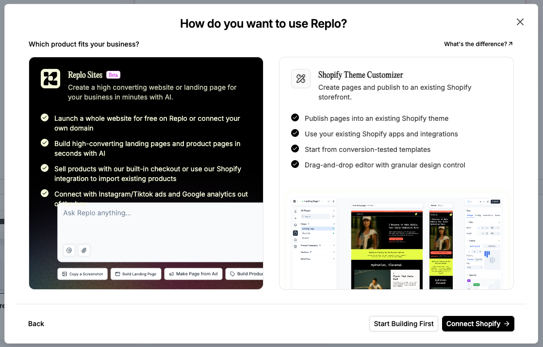 Choose between Replo Sites and Shopify Theme Customizer