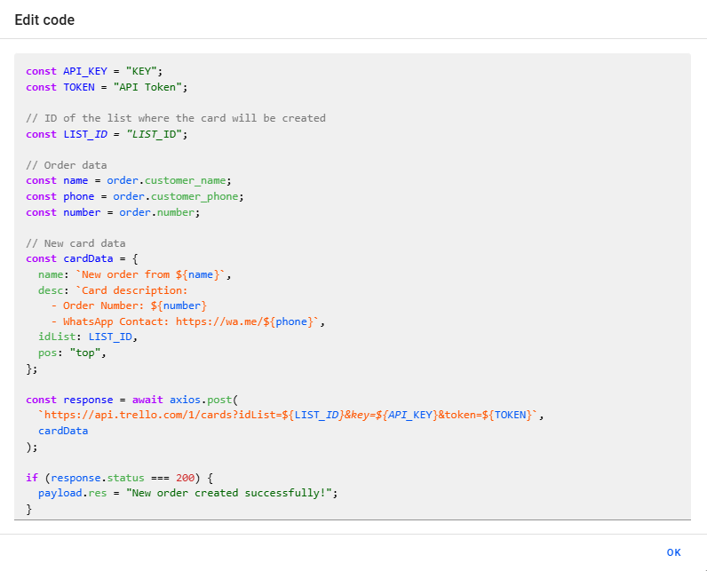 Result of the Trello API request