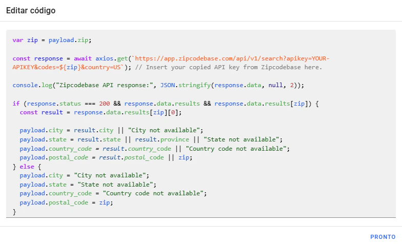 Result of the `Zipcodebase` request