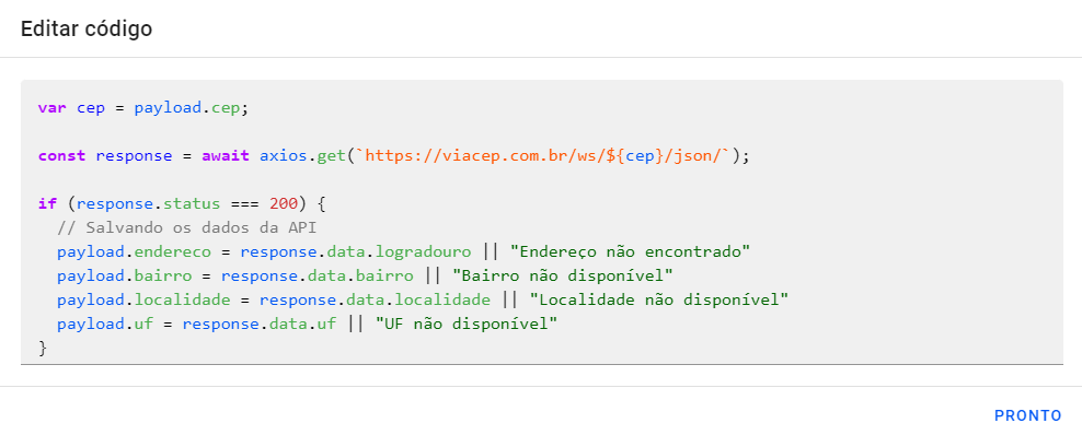 Resultado da requisição `ViaCEP`