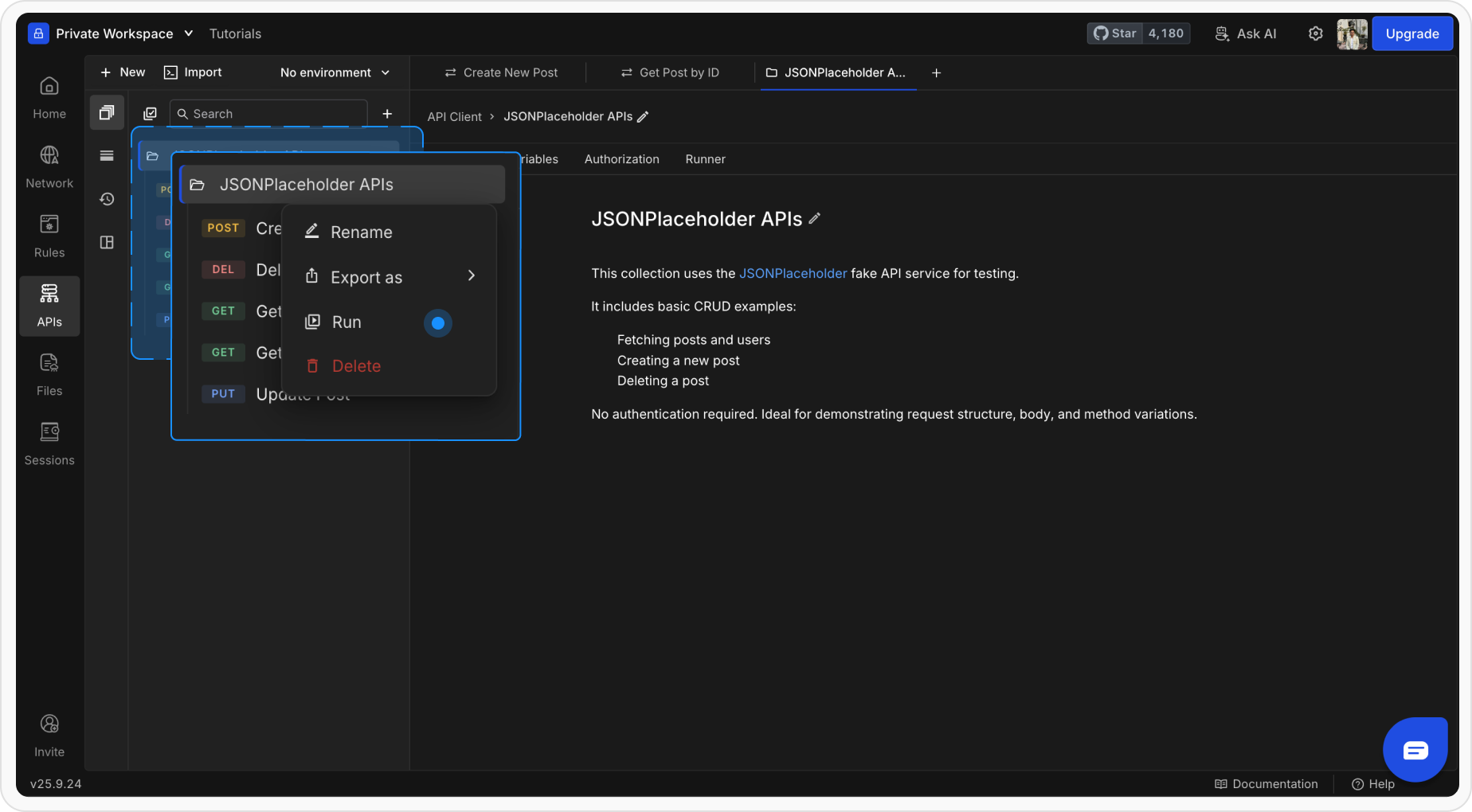 Requestly Collection Runner showing how to open and run an API collection from the Collections sidebar or Runner tab.