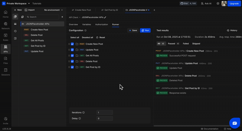 Requestly Collection Runner interface showing how to reorder or skip specific API requests before executing a test collection.