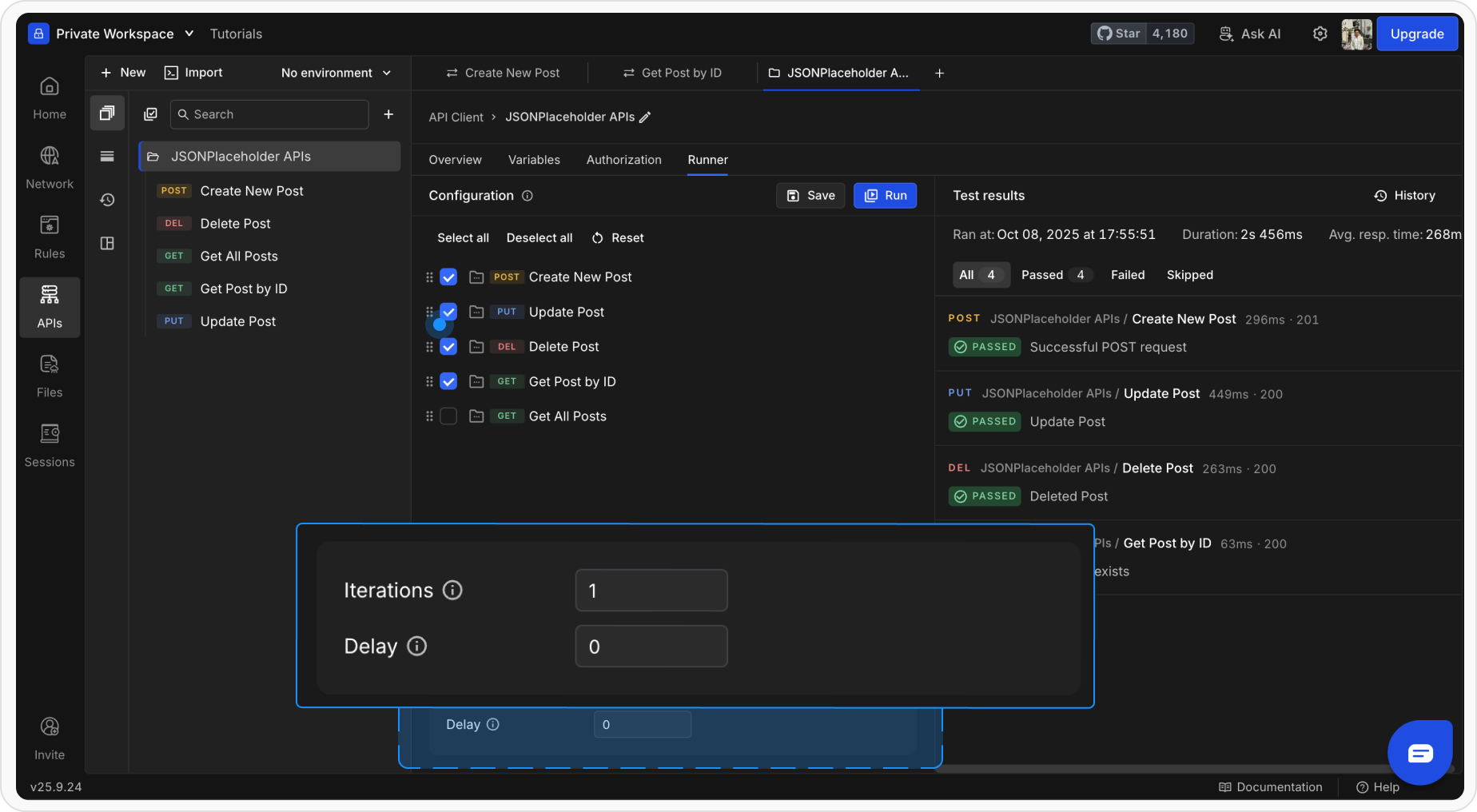 Requestly Collection Runner settings panel showing configuration options for iterations, delay, and environment selection before running API tests.
