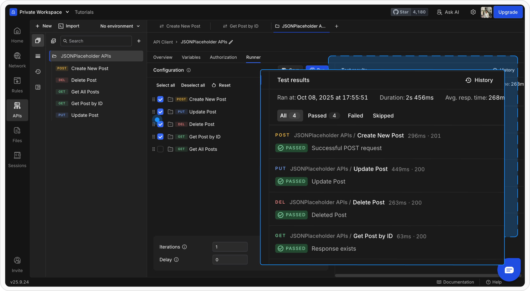 Requestly Collection Runner Run Summary showing test results, request details, response data, and execution duration.